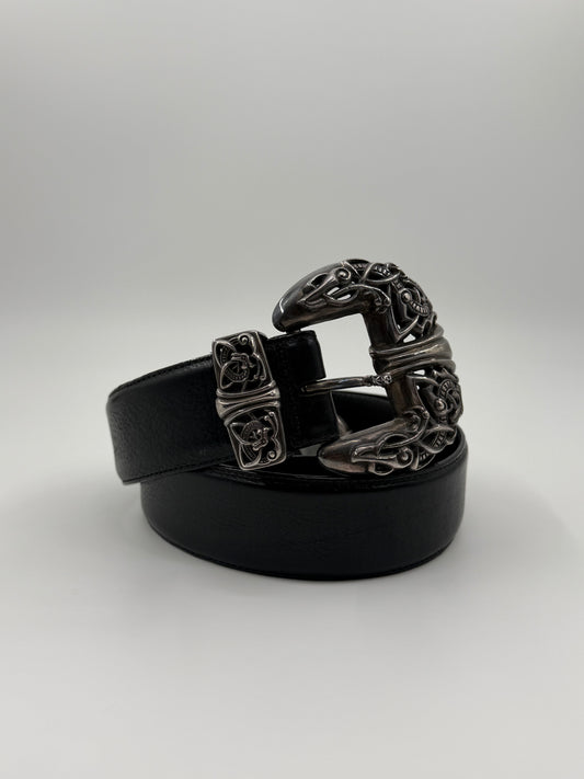 CHROME HEARTS SILVER 3-PIECE TALON LEATHER BELT - 38