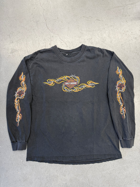 2004 HARLEY-DAVIDSON FRONTIER LINCOLN, NEBRASKA BARBED-WIRE & FLAME LONG SLEEVE TEE (PULLED TAG)