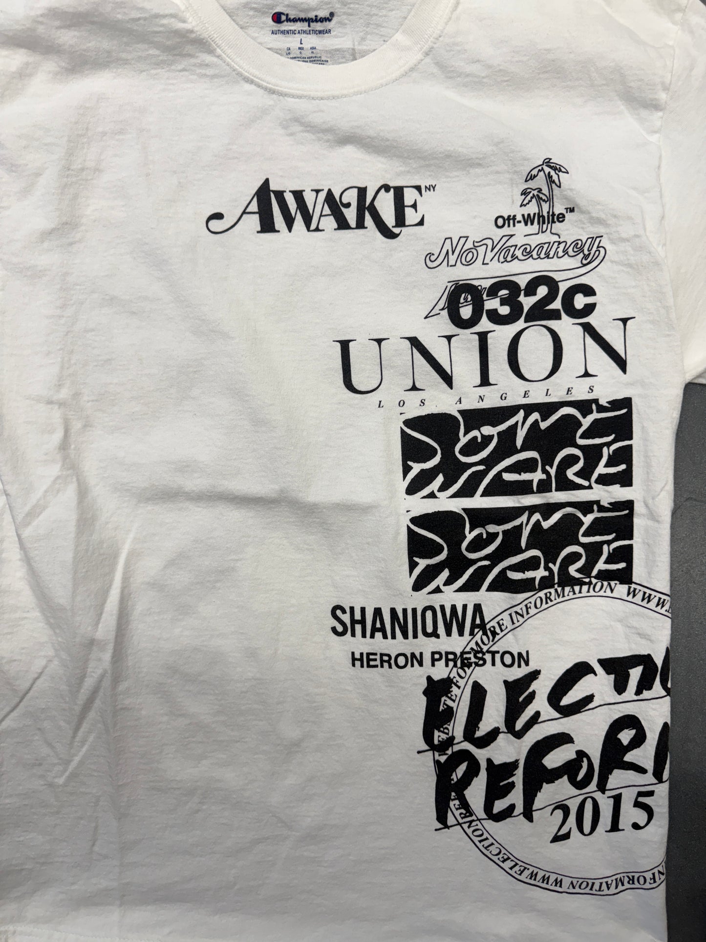 2015 AWAKE NY X HERON PRESTON X OFF-WHITE ART BASEL MIAMI TEE SIGNED BY VIRGIL (CHAMPION PRINT TAG)