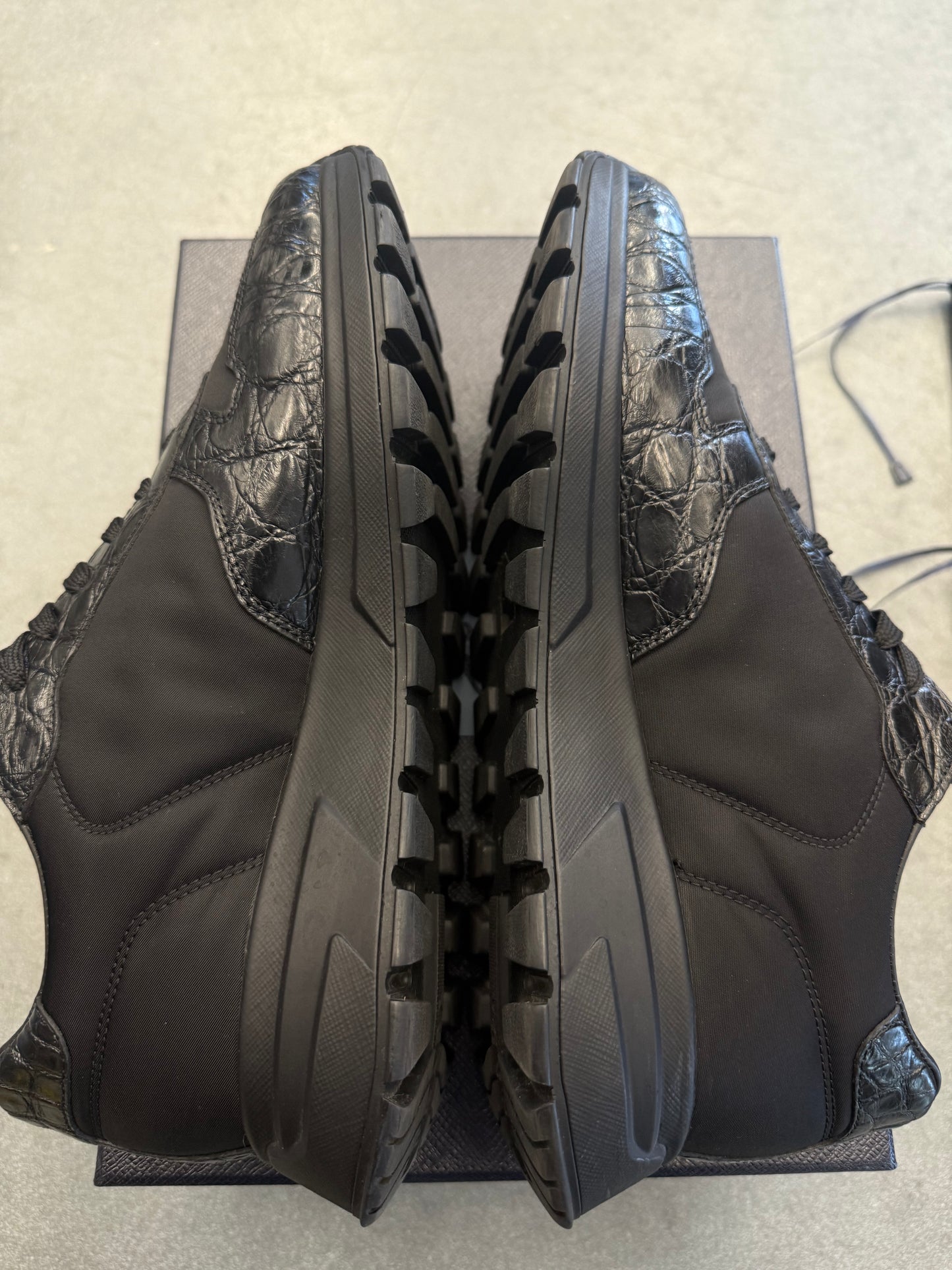SIZE 8.5 PRADA BLACK CROC CALZATURE UOMO COCCO+NYLON GABARDINE 1 NERO (PRE-OWNED WITH BOX)