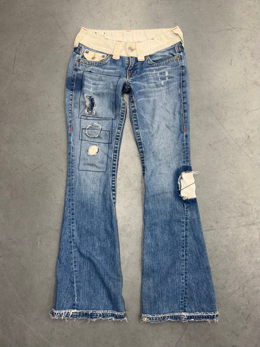 Y2K TRUE RELIGION PATCHWORK FLARED JEANS