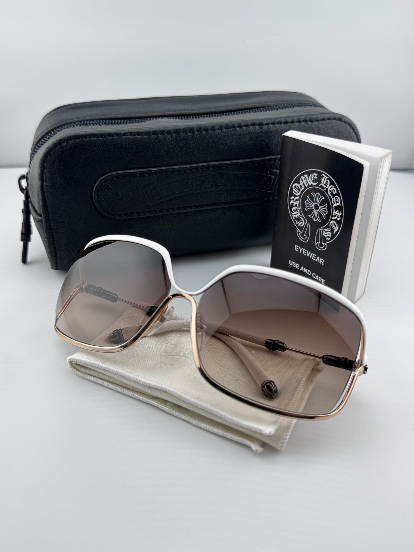 CHROME HEARTS BUTTFLUX SUNGLASSES (SILVER + LEATHER HANDLES)