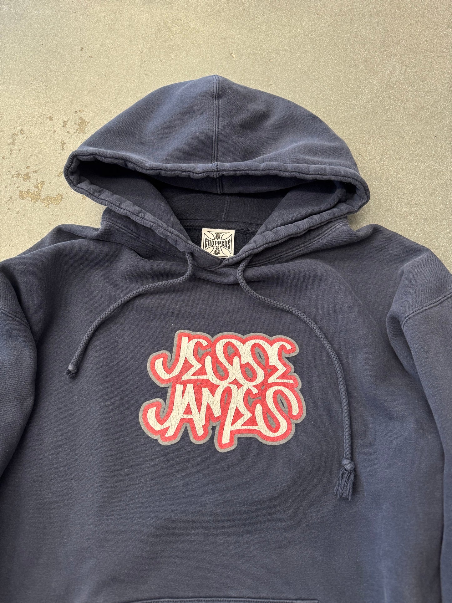 90S WEST COAST CHOPPERS JESSE JAMES GRAFFITI LOGO FLAMING IRON CROSS PULLOVER HOODIE (IRON CROSS TAG)