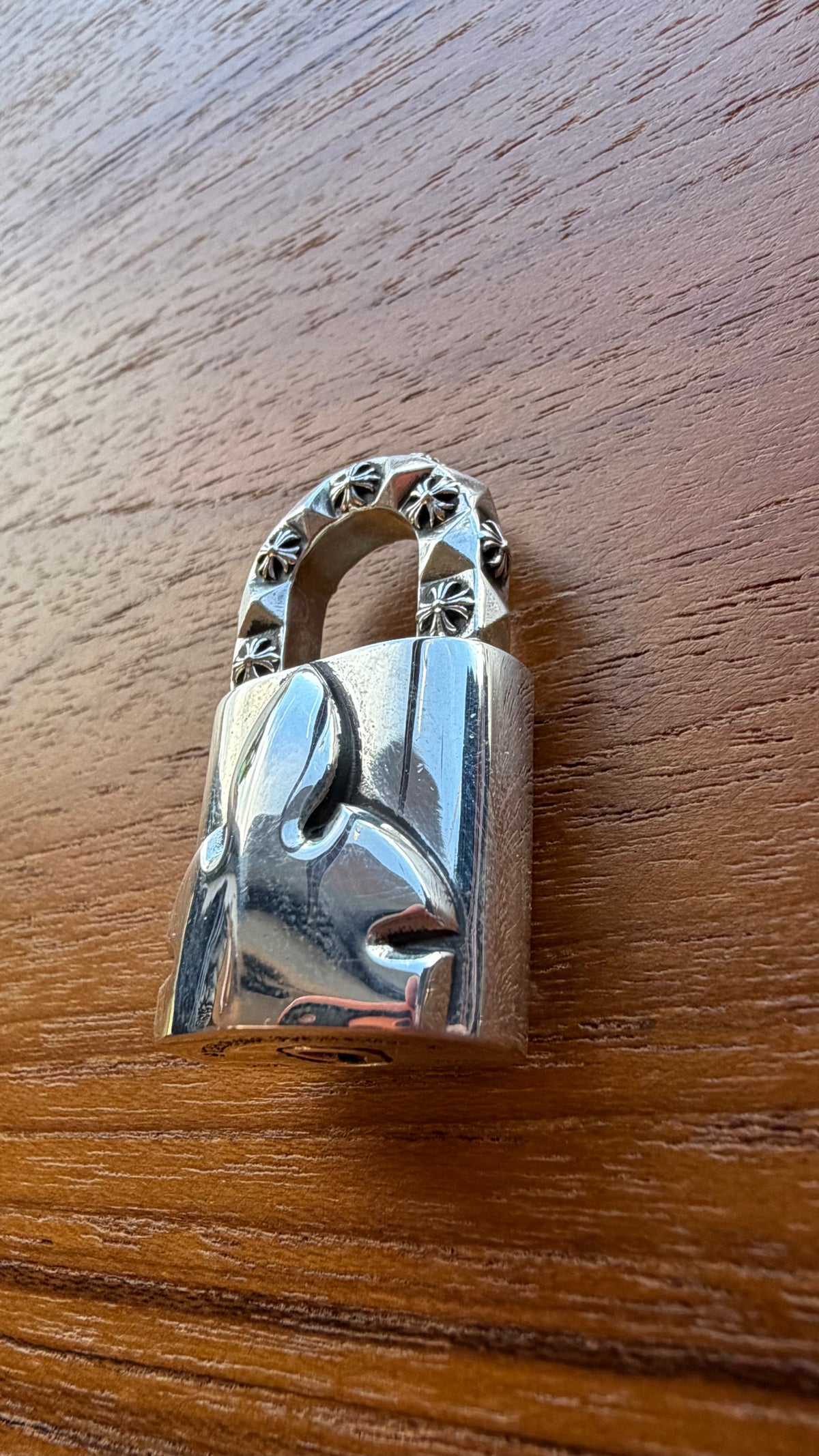 CHROME HEARTS LOVE'S NOT DEAD SILVER FLEUR LOCK PENDANT AND SPIKE KEY