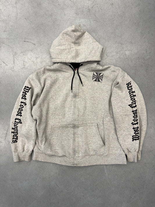 VINTAGE WEST COAST CHOPPERS EMBROIDERED SLEEVE THERMAL LINED ZIP UP HOODIE - GREY/BLACK