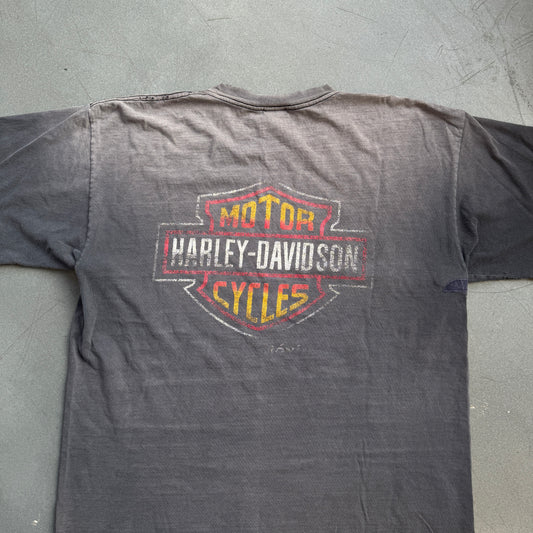 90'S HARLEY-DAVIDSON MOTORCYCLES BIG LOGO FADED MULLET TEE (WITH DENIM PATCHES) (TRIPLE A TAG)