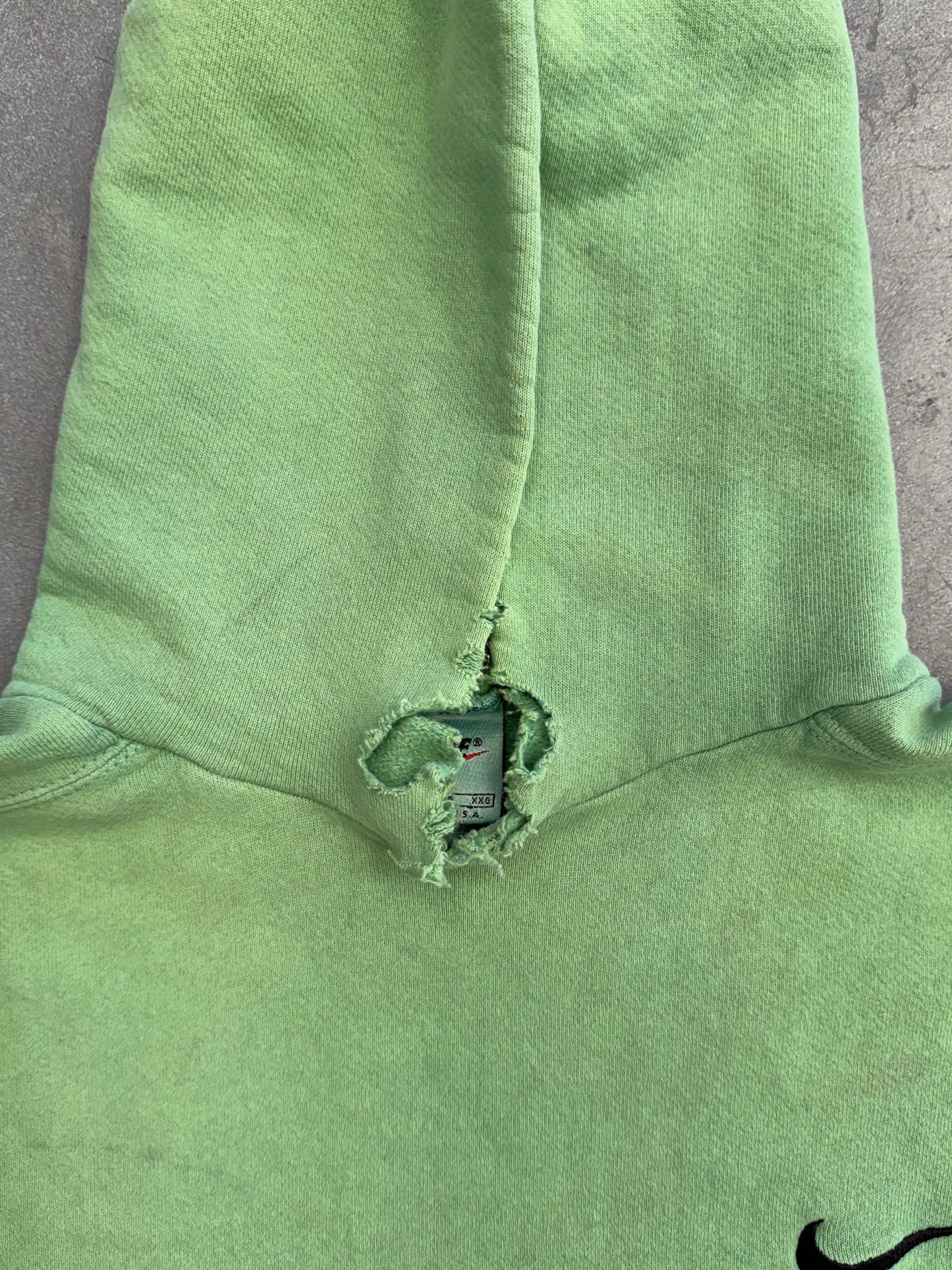 90S DISTRESSED NIKE SIDE SWOOSH PULLOVER HOODIE - GREEN OVER-DYED (NIKE RED SWOOSH TAG)