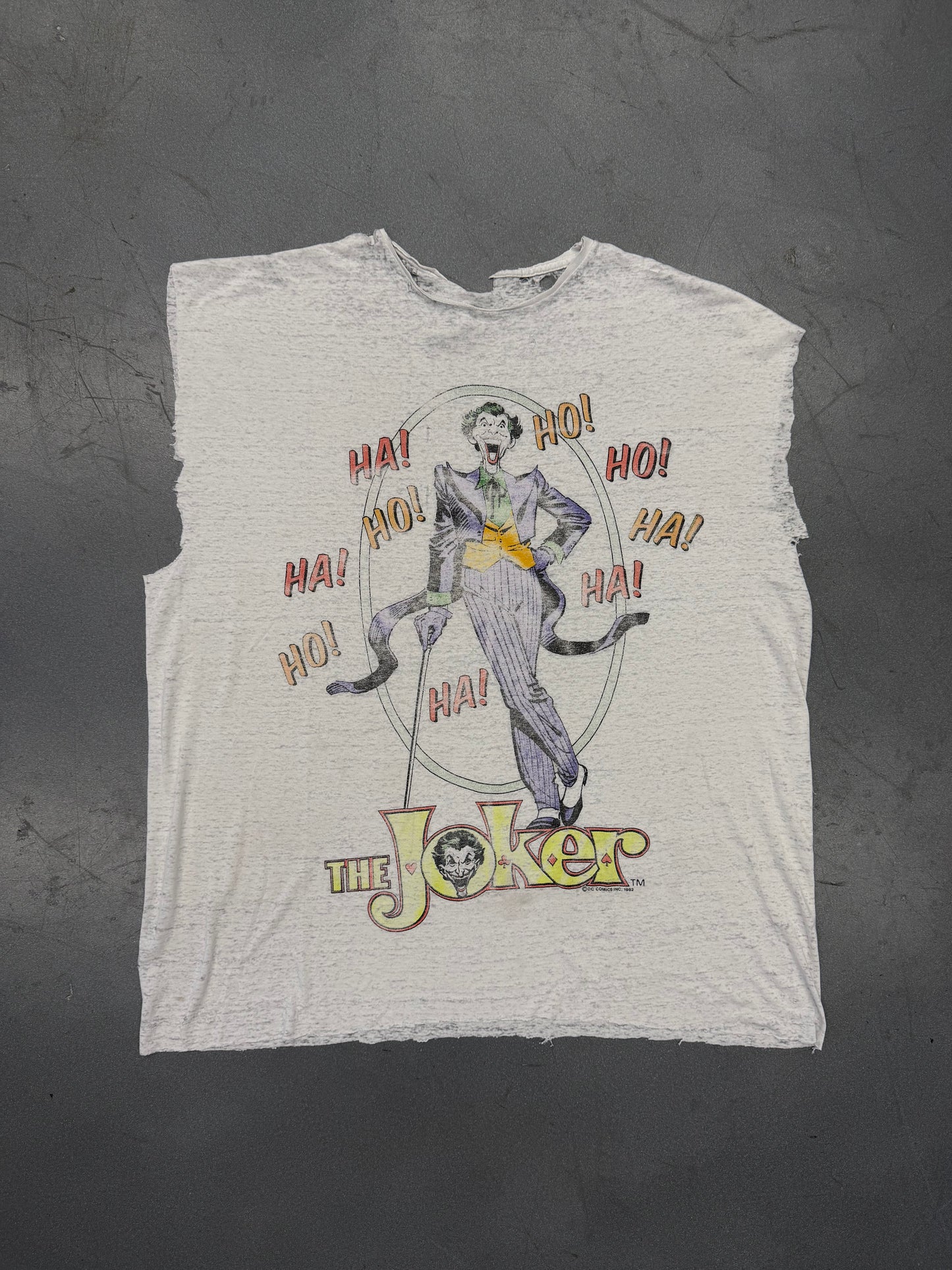 1982 THE JOKER DC COMICS HA! HO! THIN CUT-OFF TEE (PULLED TAG)