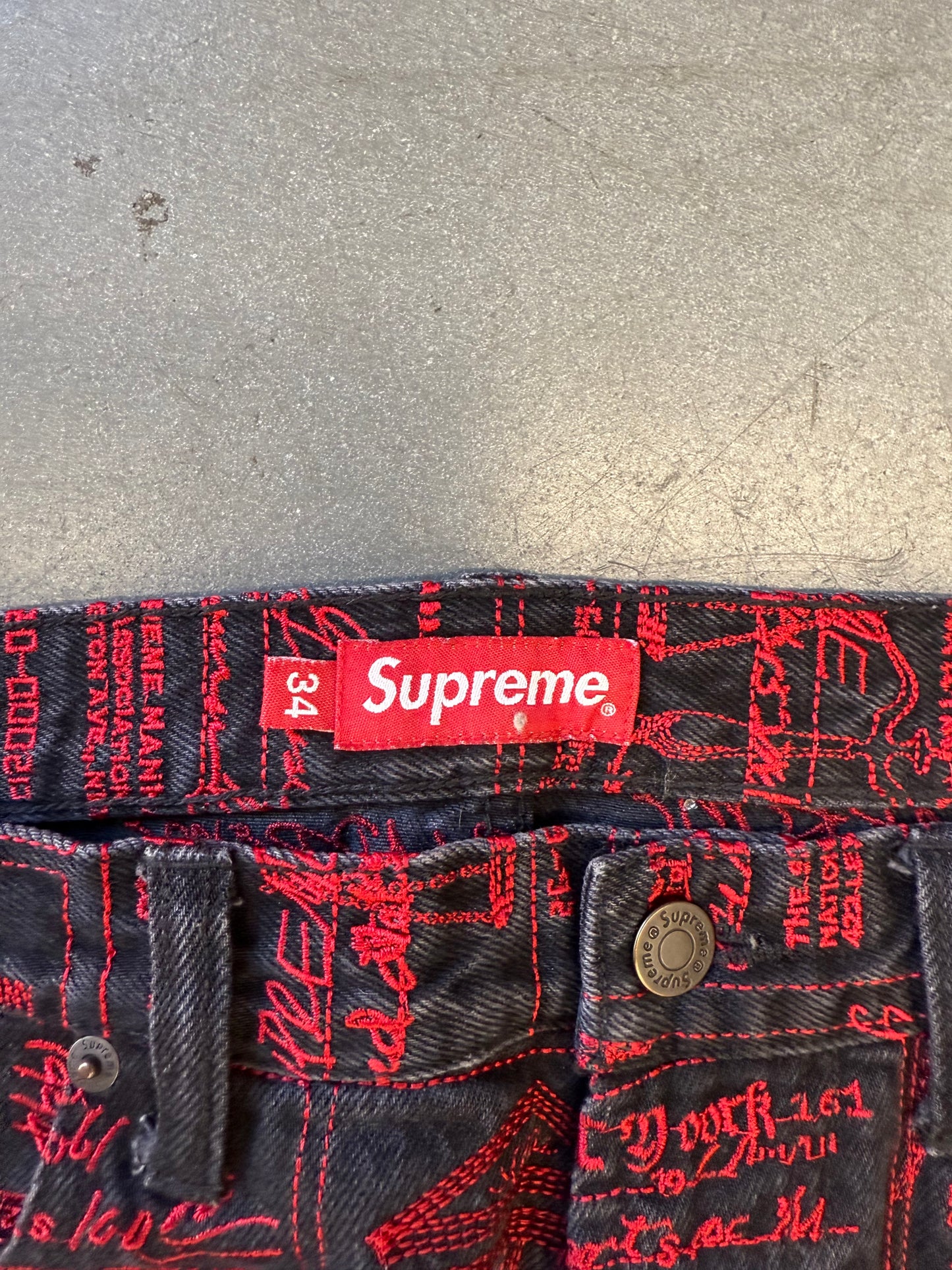 SS20 SUPREME CHECKS AND BONDS EMBROIDERED DENIM JEANS