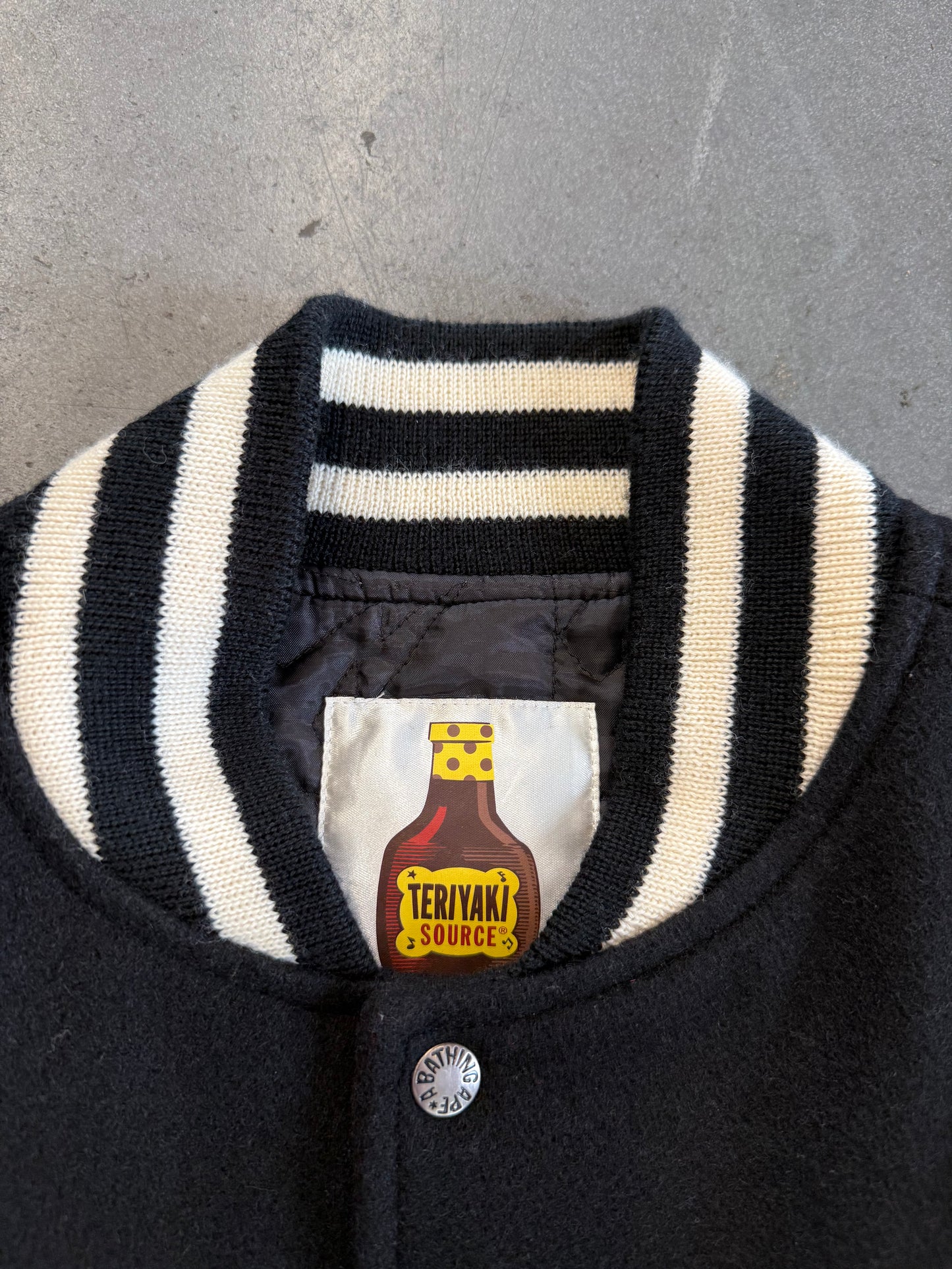2008 A BATHING APE BAPE TERIYAKI BOYS LEATHER VARSITY JACKET (XL) (LIGHT PRE-OWNED WITH BAG)