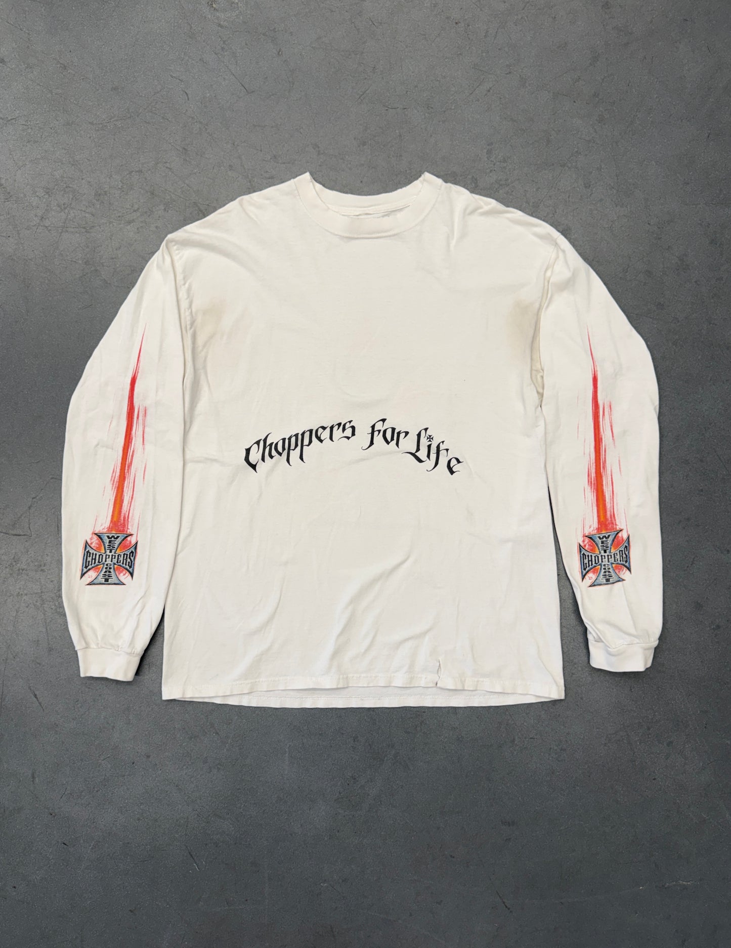 90S WEST COAST CHOPPERS "CHOPPERS FOR LIFE" CRACKING IRON CROSS SKETCH-FLAME SLEEVE LS TEE (PULLED TAG)