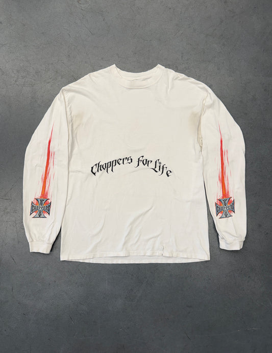 90S WEST COAST CHOPPERS "CHOPPERS FOR LIFE" CRACKING IRON CROSS SKETCH-FLAME SLEEVE LS TEE (PULLED TAG)