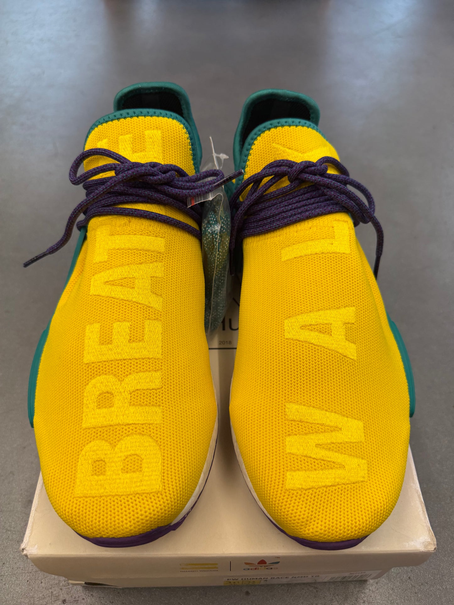 SIZE 11.5 ADIDAS NMD HUMAN RACE PHARRELL YELLOW (F&F) (BRAND NEW WITH BOX)