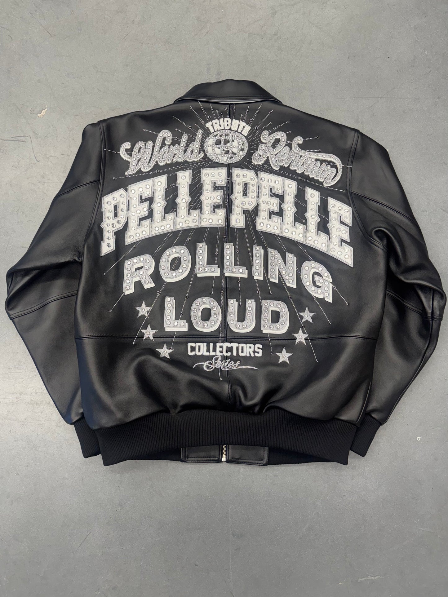 PELLEPELLE ROLLING LOUD RHINESTONE LEATHER VARSITY JACKET