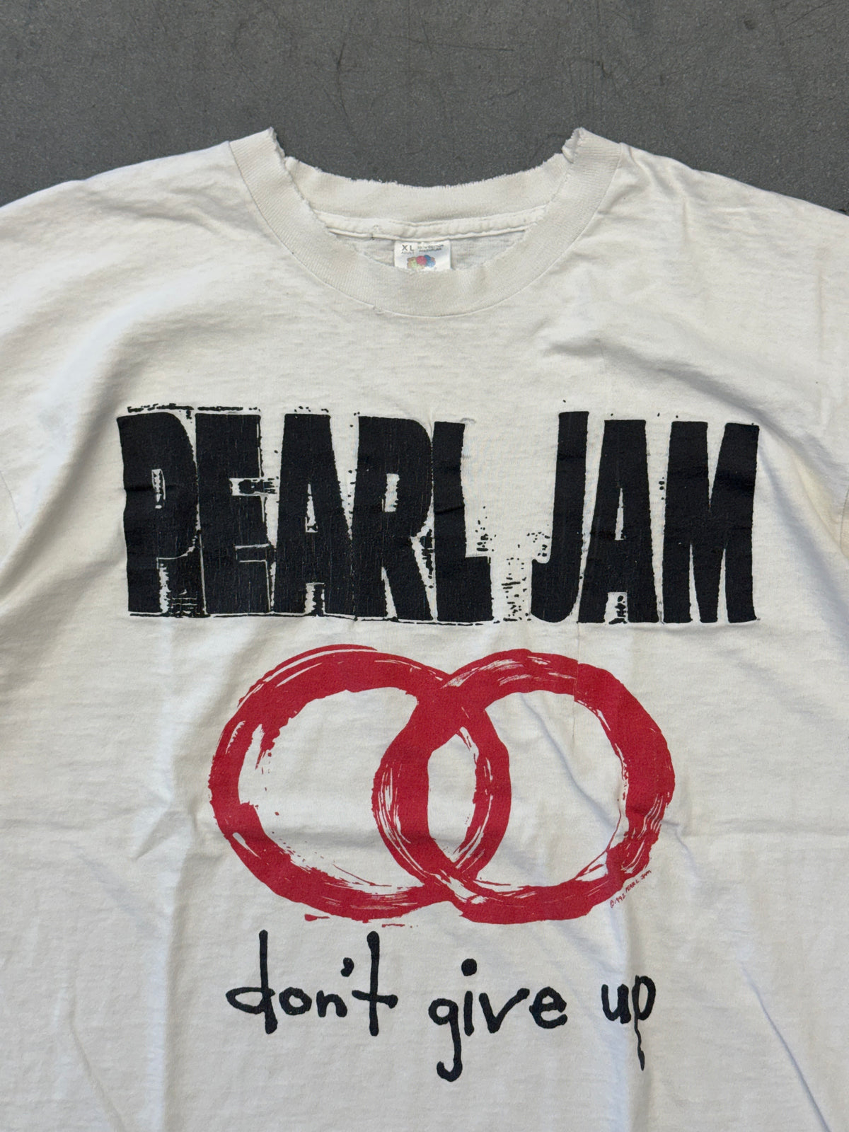 1992 PEARL JAM DON'T GIVE UP EUROPEAN SUMMER TOUR TEE (FOTL TAG) REPAIRED
