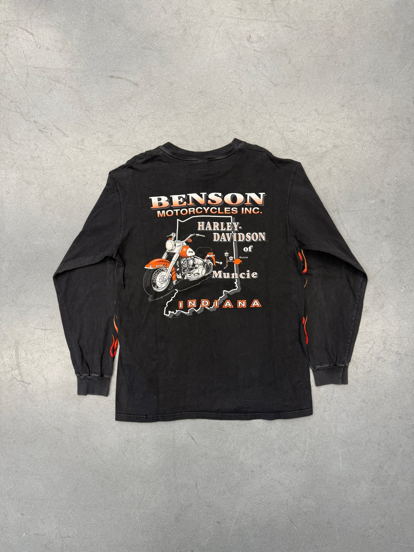 1995 HARLEY-DAVIDSON BENSON MUNCIE, INDIANA FLAME SLEEVE LS TEE