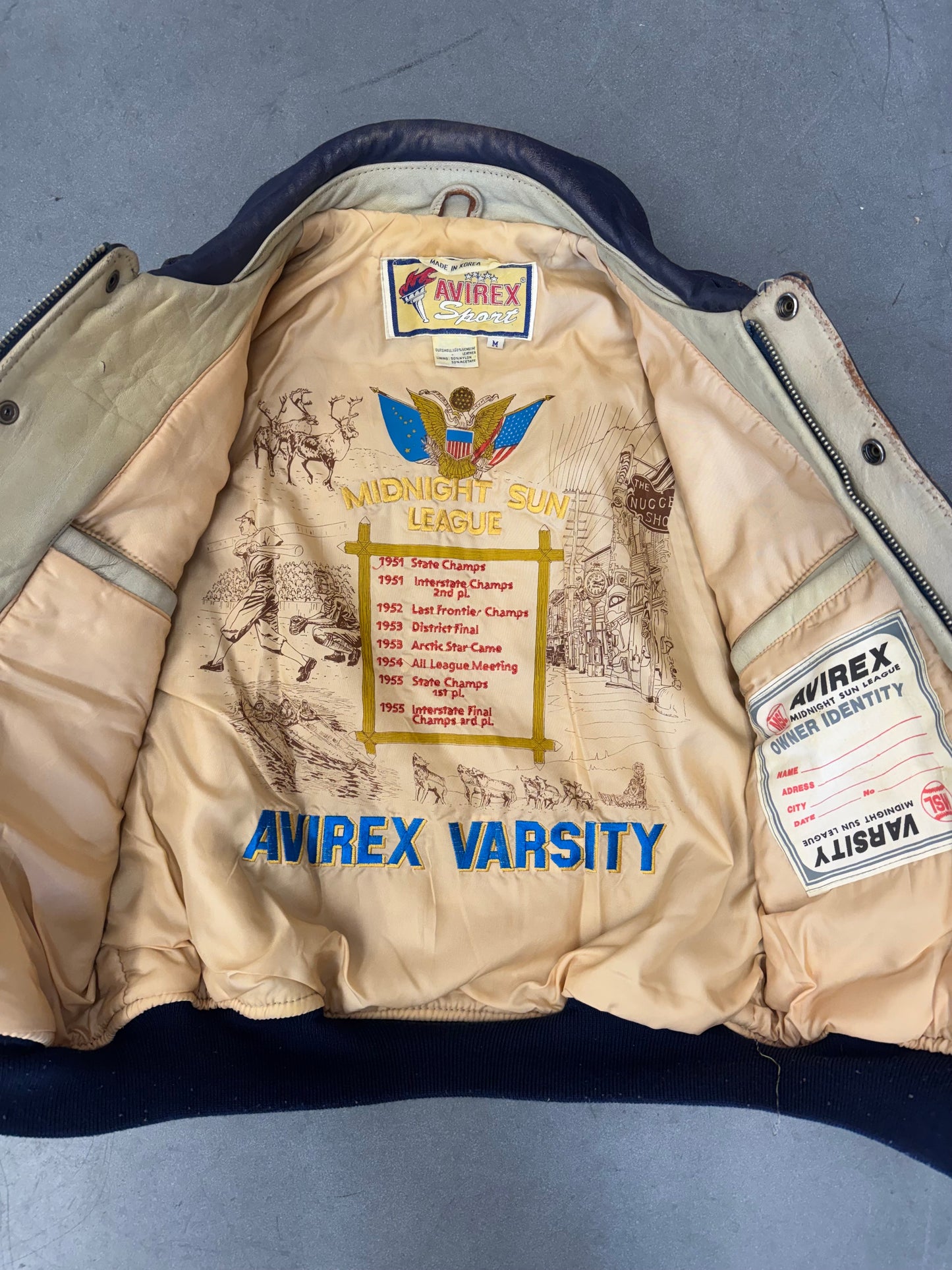 VINTAGE AVIREX MIDNIGHT SUN LEAGUE LEATHER VARSITY JACKET