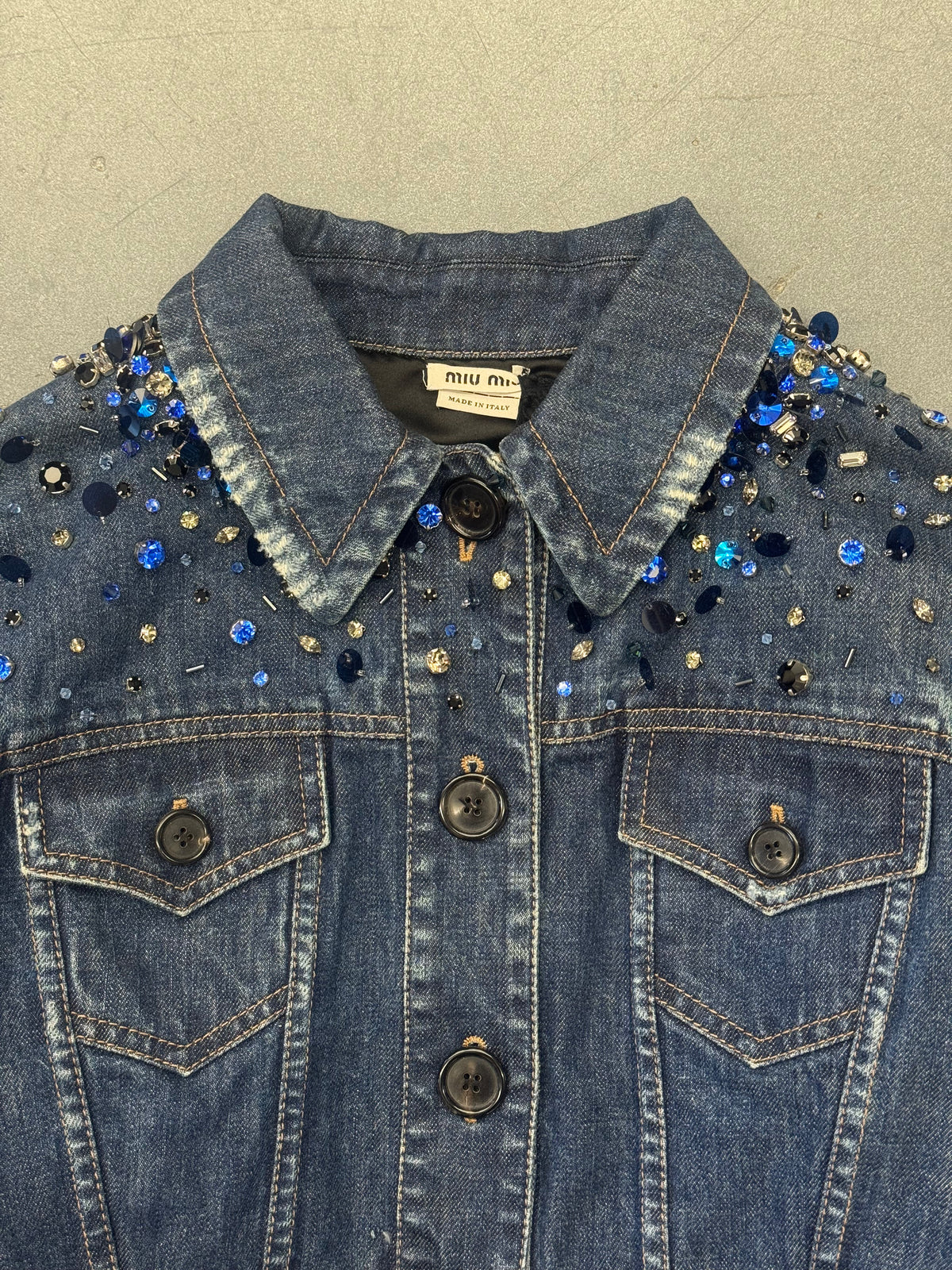 2014 MIU MIU EMBELLISHED CROPPED DENIM JACKET