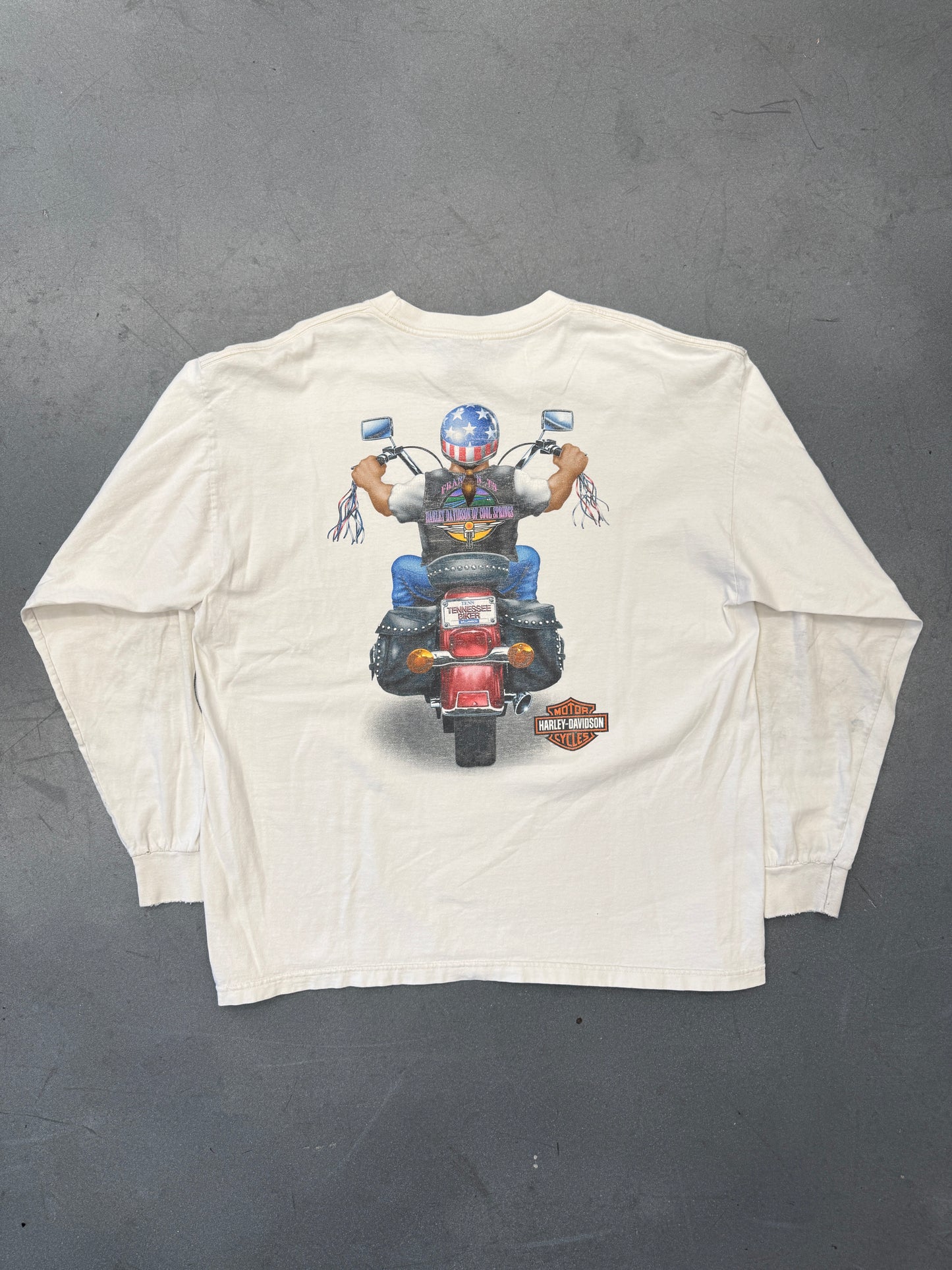 90S HARLEY-DAVIDSON FRANKLIN, TN COOL SPRINGS BIKER FLAME SLEEVE LS MULLET TEE