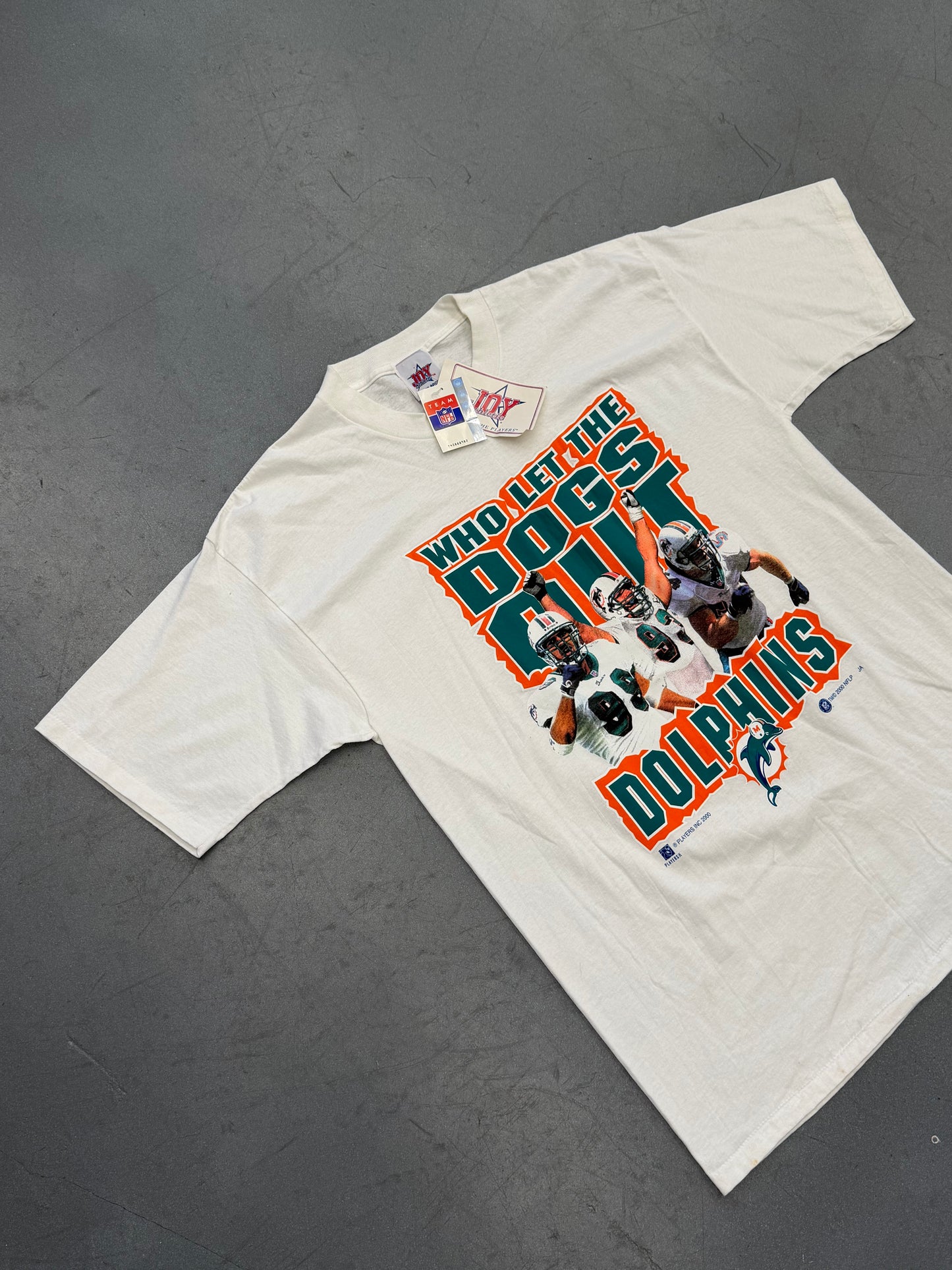 2000 MIAMI DOLPHINS WHO LET THE DOGS OUT NFLP TEE (JOY ATHLETIC TAG) (NWT)