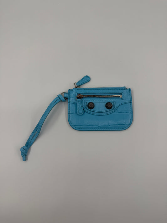 BALENCIAGA LE CAGOLE COIN PURSE CROC-EMBOSSED LEATHER - SKY BLUE
