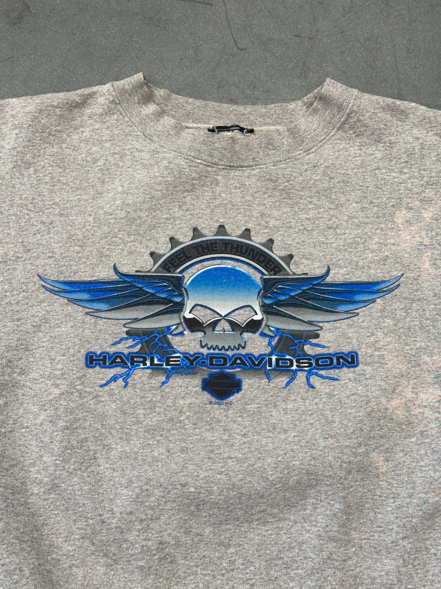 2005 HARLEY-DAVIDSON NORTH HAMPOTON, NH WINGED SKULL "FEEL THE THUNDER" CREWNECK (CUT TAG)