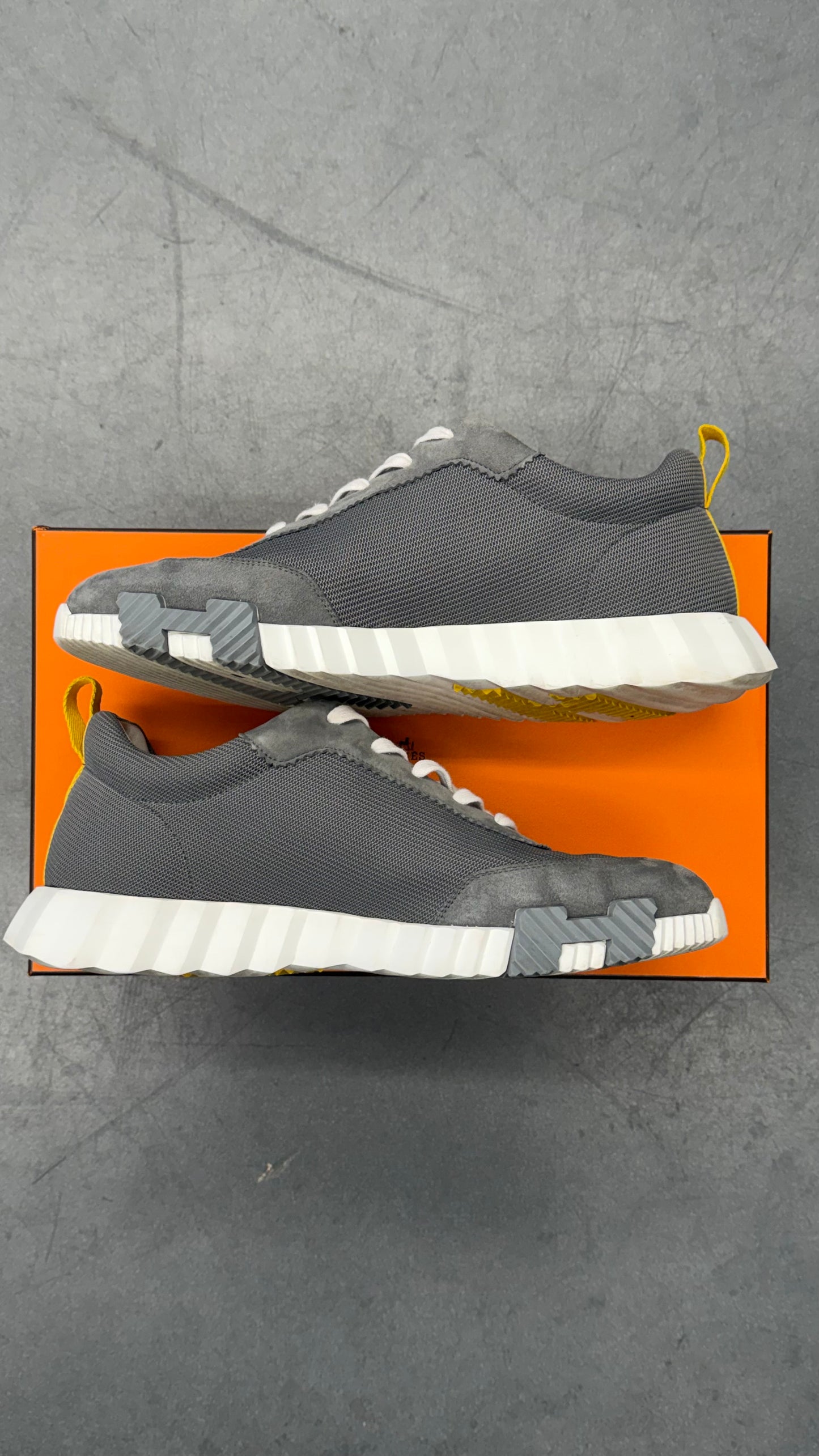 HERMES BOUNCING SNEAKER SUEDE GOATSKIN LEATHER - SMOKY GRAY/YELLOW SIZE 43 (WITH BOX)