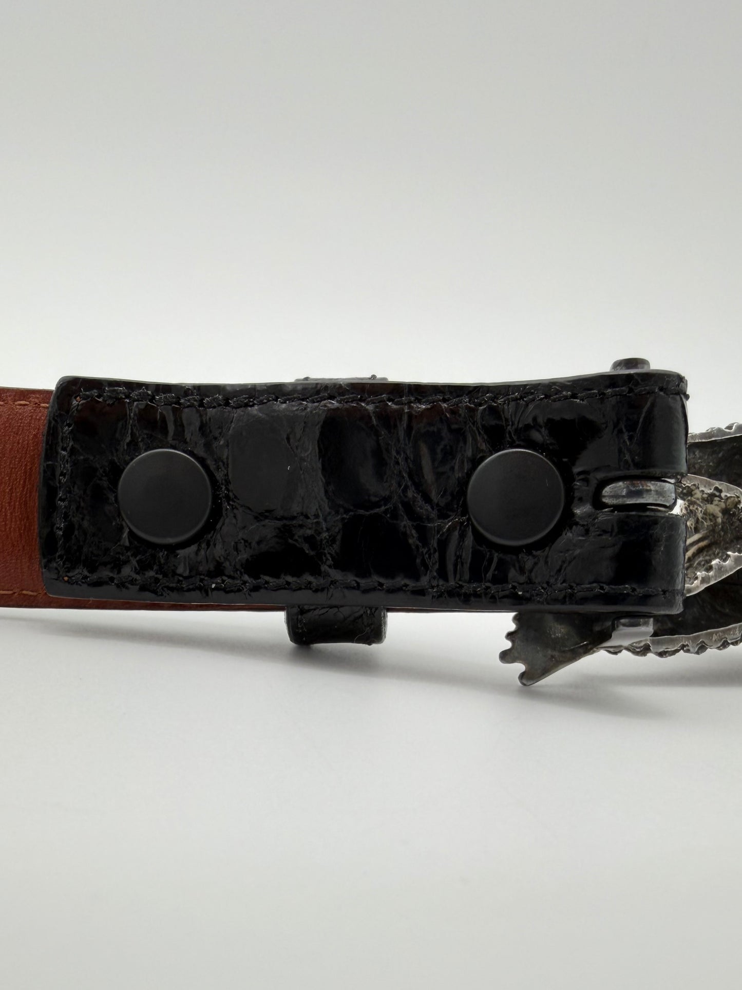 BARRY KIESELSTEIN-CORD STERLING SILVER TOAD BUCKLE BLACK ALLIGATOR BELT