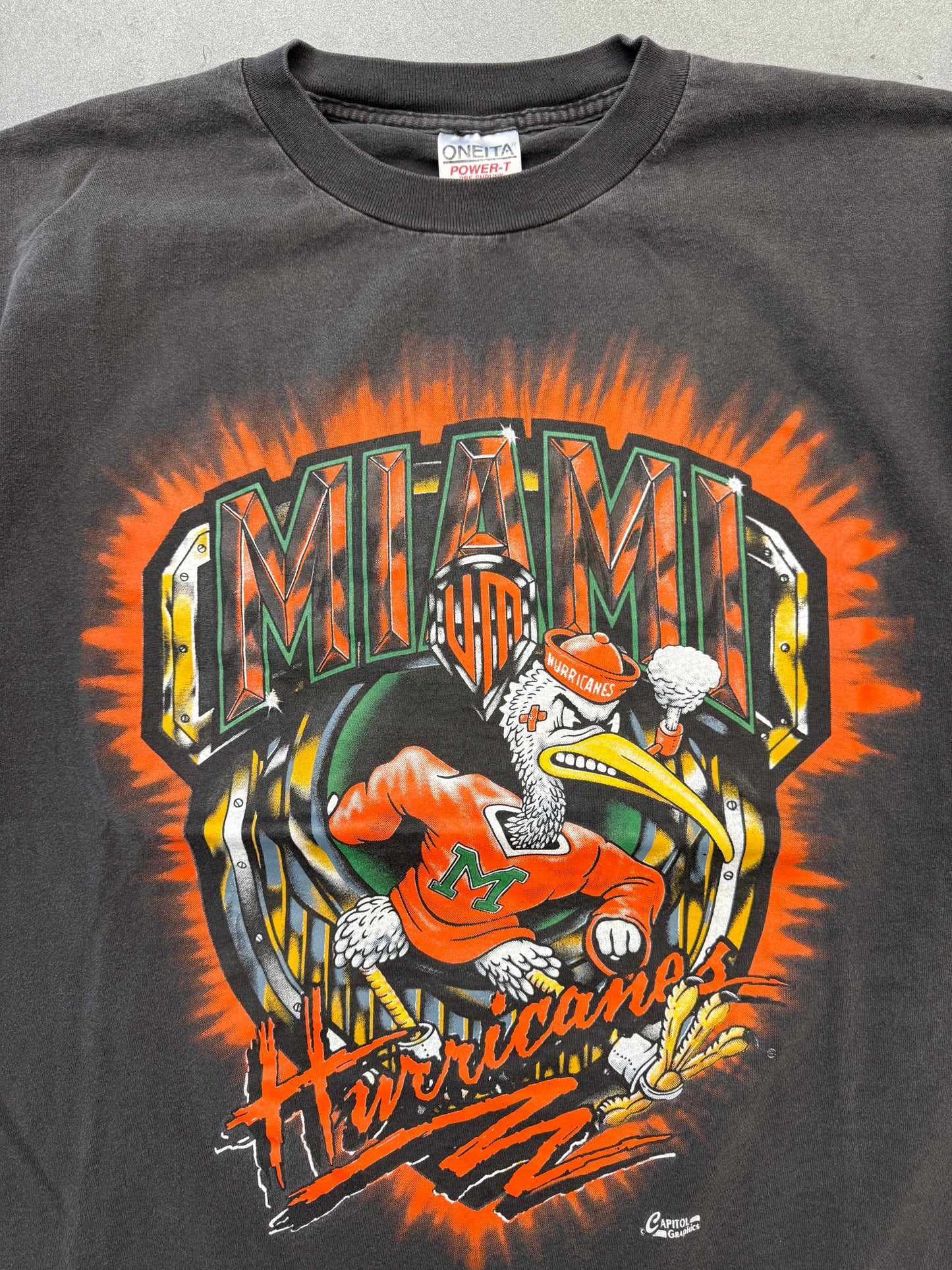 90S UNIVERSITY OF MIAMI HURRICANES SEBASTIAN EMBLEM CAPITOL GRAPHICS TEE (ONEITA TAG)