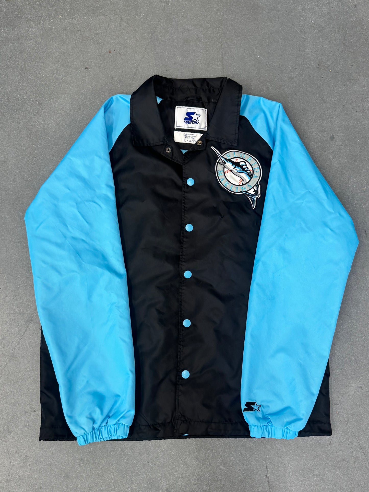 Y2K FLORIDA MARLINS STARTER SATIN JACKET - BLACK/LIGHT BLUE