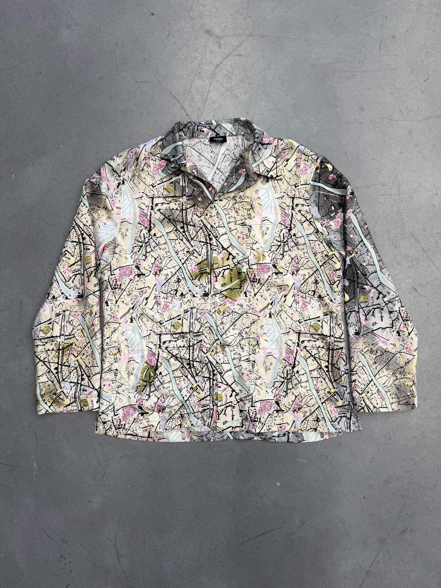 FENDI MAP SILK BUTTON-UP LONG SLEEVE SHIRT
