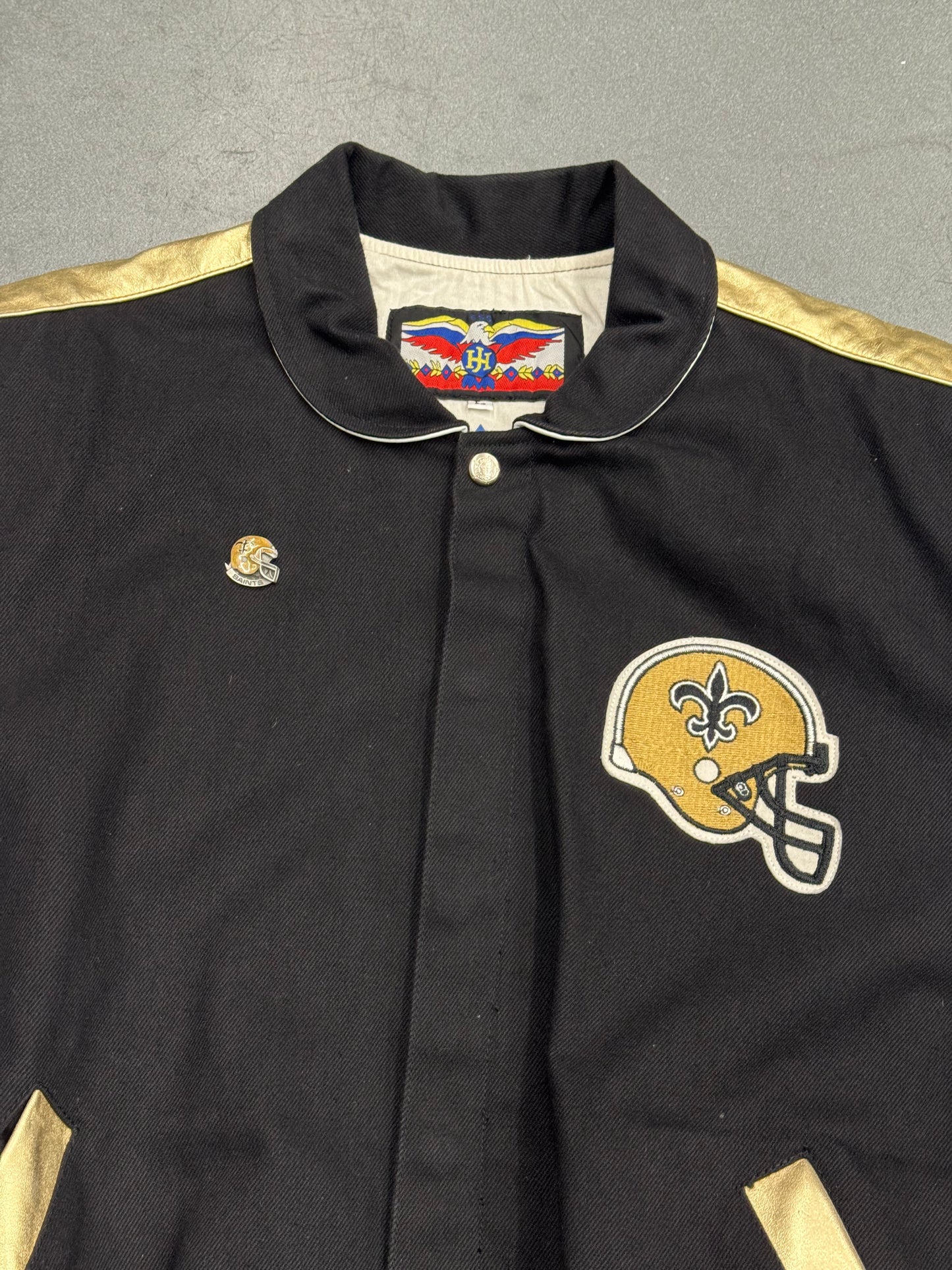 80S JEFF HAMILTON NEW ORLEANS SAINTS BUTTON UP LEATHER SLEEVE VARSITY JACKET