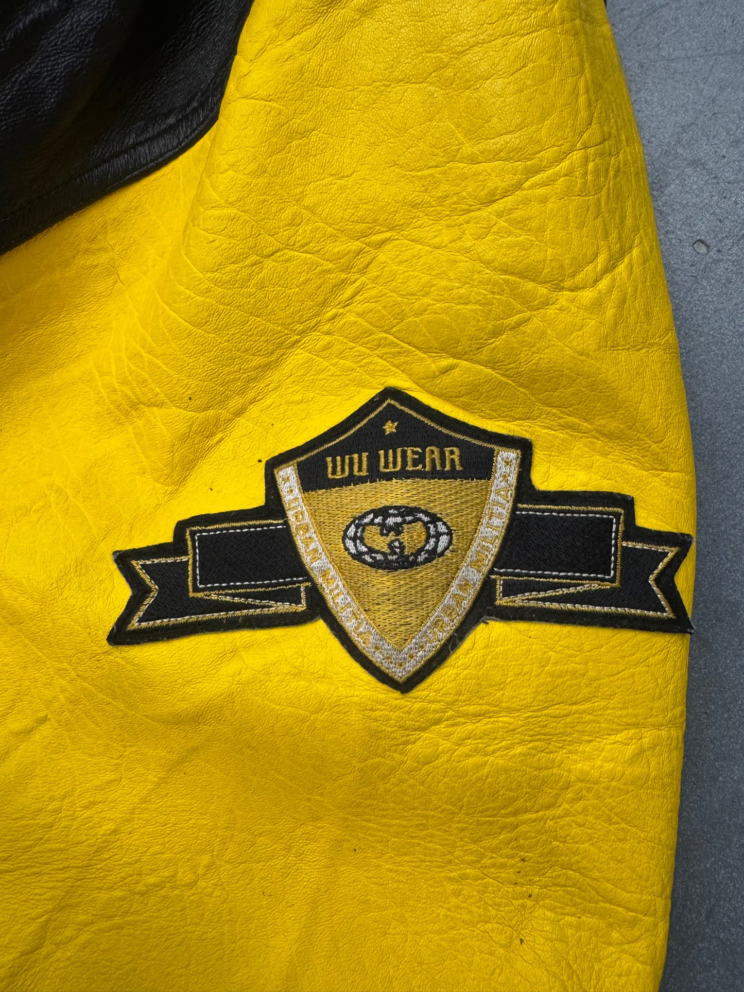 90S WU-TANG WU WEAR KILLAH BEEZ LEATHER VARSITY JACKET - BLACK/YELLOW