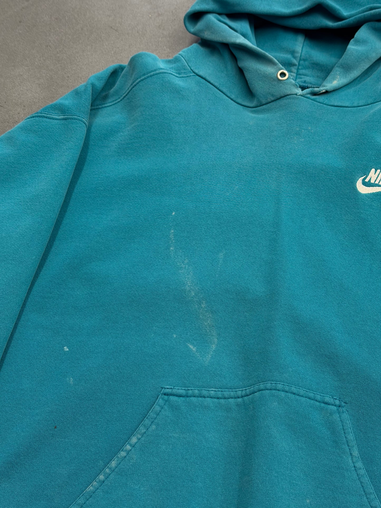 90'S NIKE SPELLOUT SWOOSH PULLOVER HOODIE (PULLED TAG) - TEAL
