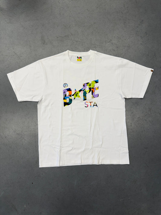 A BATHING APE BAPE MIXED CAMO COLLEGE BAPE LOGO TEE WHITE
