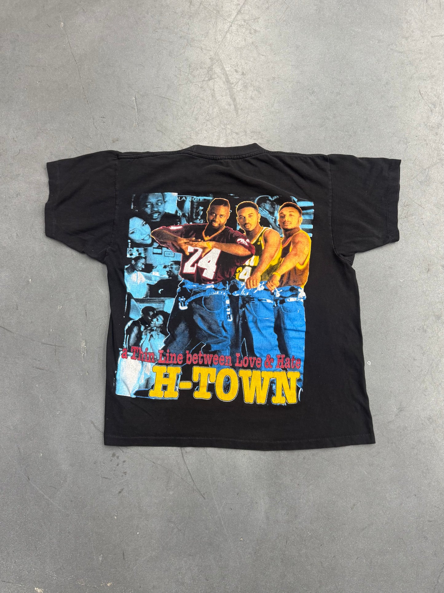 90S BOOTLEG "A THIN LINE BETWEEN LOVE & HATE" RAP-STYLE TEE (FADED TAG)