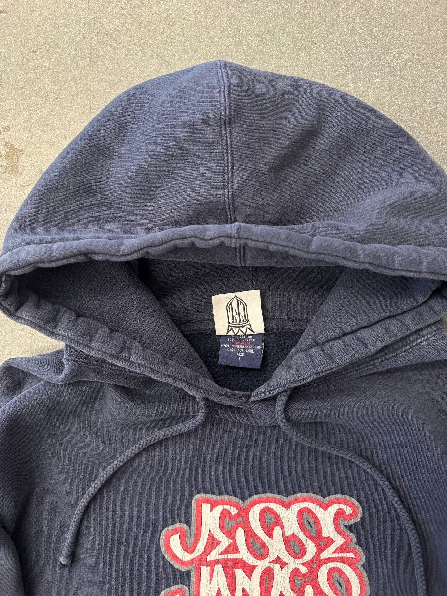 90S WEST COAST CHOPPERS JESSE JAMES GRAFFITI LOGO FLAMING IRON CROSS PULLOVER HOODIE (IRON CROSS TAG)