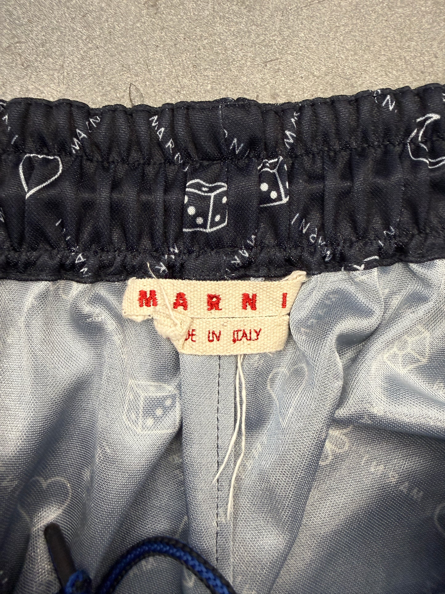 MARNI DICE-HEART-FLOWER-GEM-MOON MULTI-LOGO NYLON SHORTS