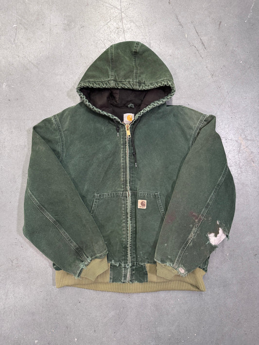 2000'S CARHARTT INSULATED CANVAS HOODIE - DARK GREEN (GREEN WAIST CUFF) (J130SPC L)