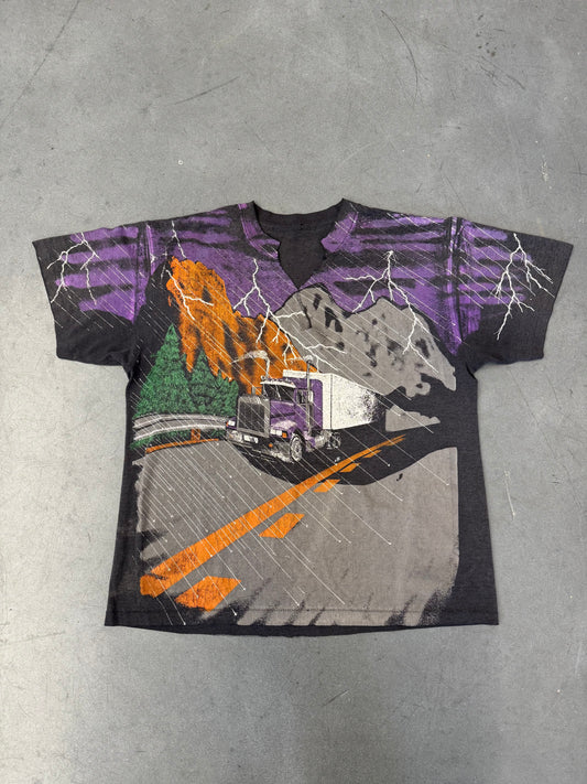 90'S AOP LIGHTNING HIGHWAY TRUCKER TEE (PULLED TAG CHOPPED NECK)