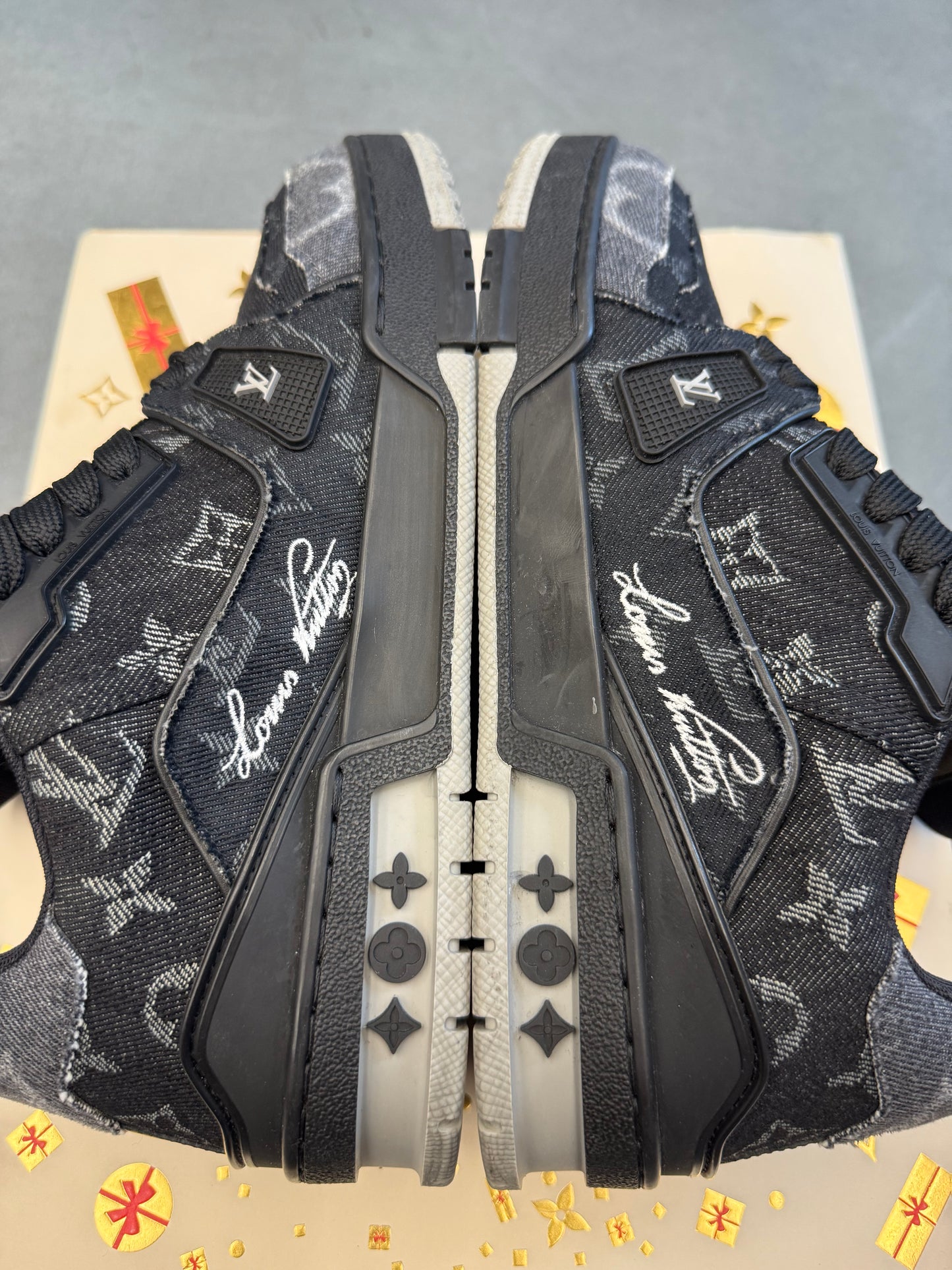 LV SIZE 6 (US 7.5-8) LOUIS VUITTON BLACK DENIM TRAINER SNEAKER (PRE-OWNED WITH BOX)