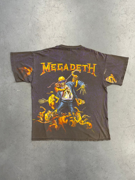 1991 MEGADEATH SUIT SKELETON THRASHED AOP PINNED TEE (BROCKUM TAG)
