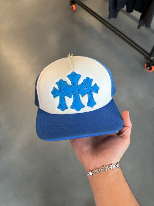 CHROME HEARTS CEMETERY CROSS PATCH TRUCKER HAT - BLUE (LIGHTLY WORN)