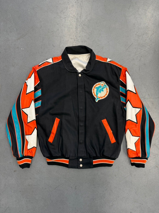 90S JEFF HAMILTON MIAMI DOLPHINS STARS LEATHER VARSITY JACKET