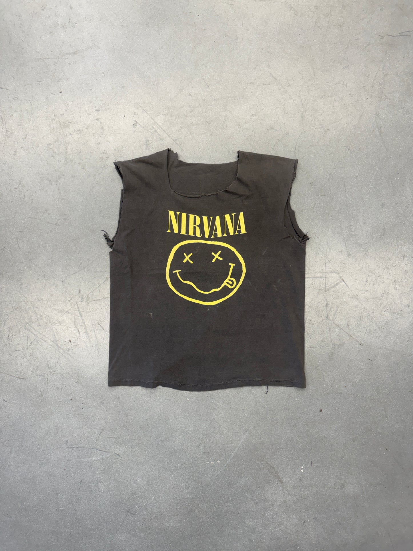 1992 NIRVANA "FLOWER SNIFFIN" SMILEY LOGO CUTOFF AND CUT NECK TEE (CUT TAG)