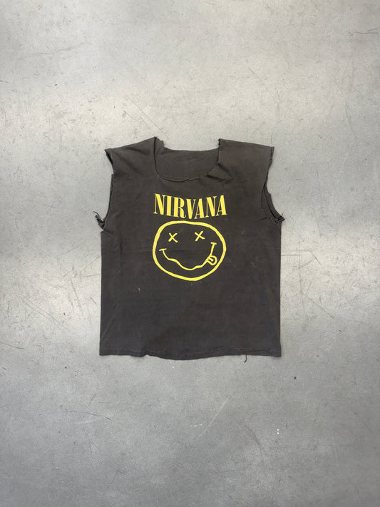 1992 NIRVANA "FLOWER SNIFFIN" SMILEY LOGO CUTOFF AND CUT NECK TEE (CUT TAG)