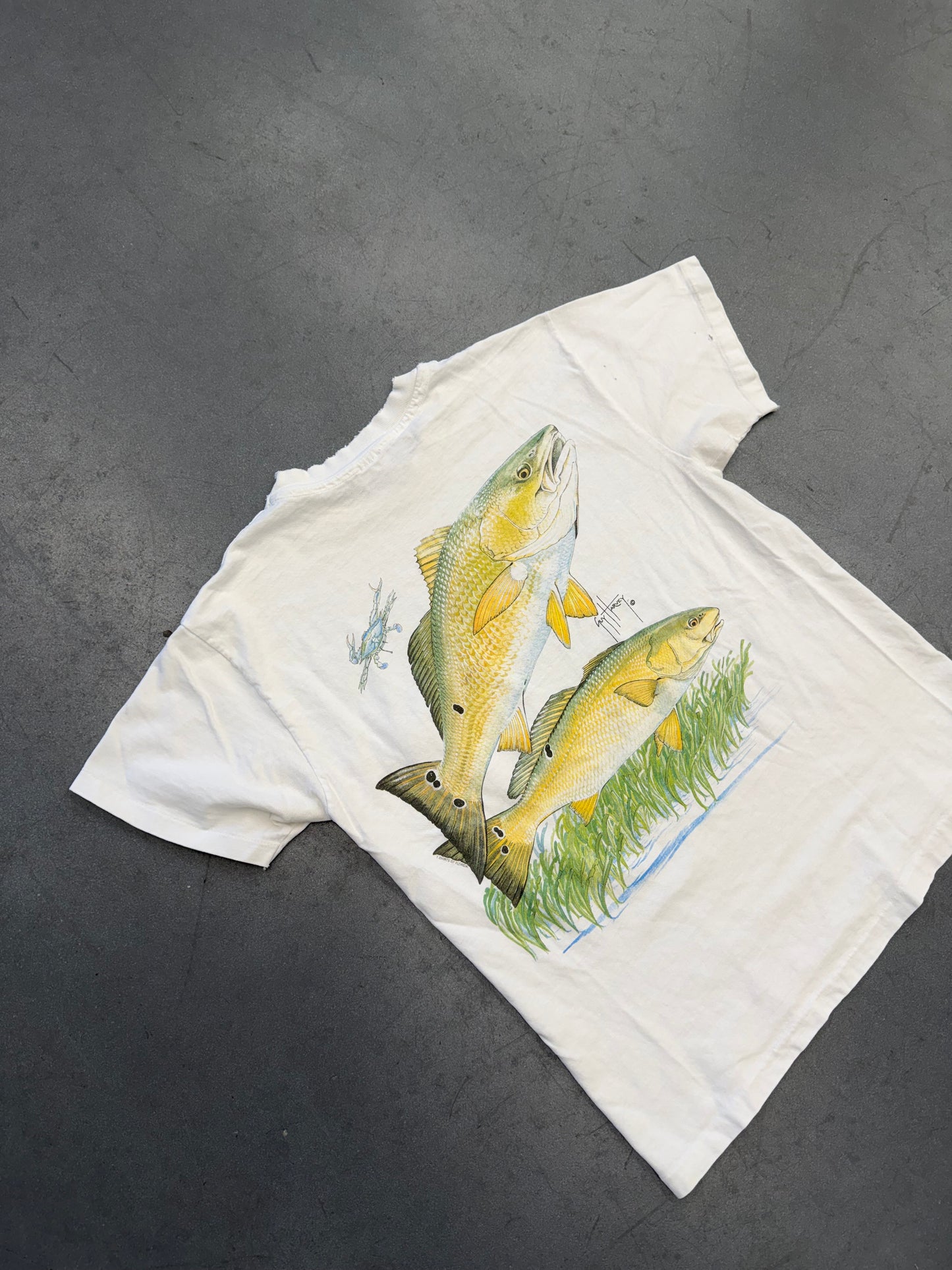 90'S GUY HARVEY RED FISH + BLUE CRAB POCKET TEE (HANES BEEFY-T TAG)