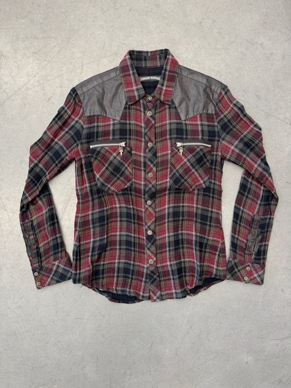 VINTAGE CHROME HEARTS CROSS PATCH/DAGGER ZIPPER FLANNEL BUTTON-UP LONG SLEEVE SHIRT