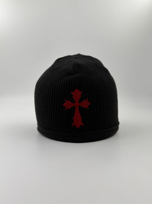OLDER CHROME HEARTS THIN RED CROSS THERMAL WAFFLE BEANIE - FADED