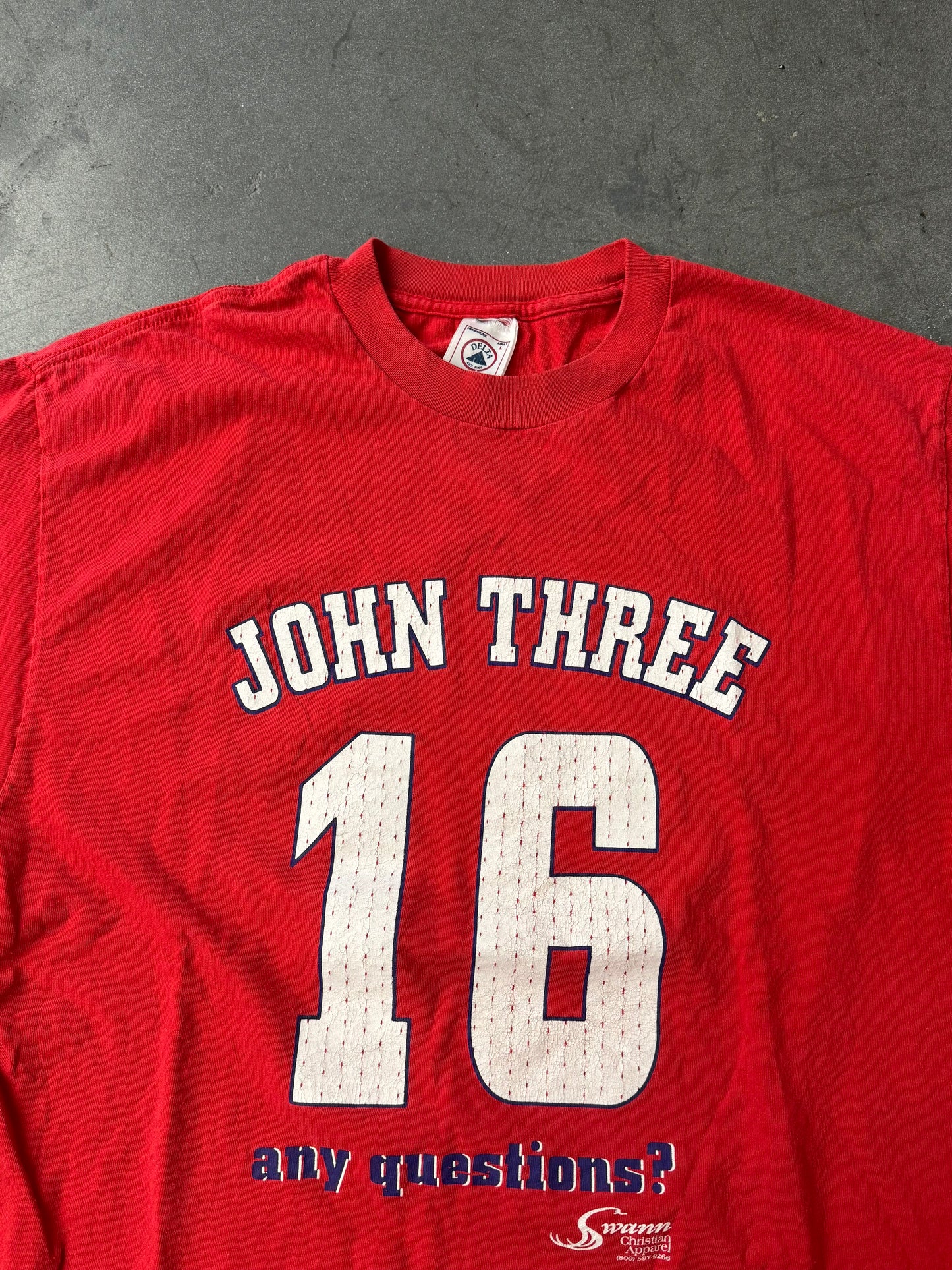 Y2K "JOHN THREE 16 ANY QUESTIONS?" JERSEY-STYLE TEE (DELTA TAG)